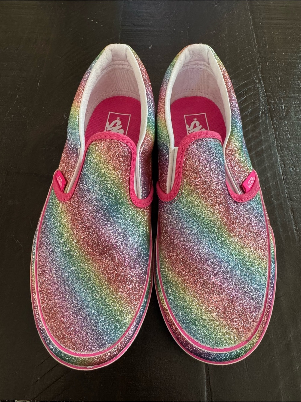 Kids Vans Rainbow Glitter Slip-On Shoes - Pink Trim
